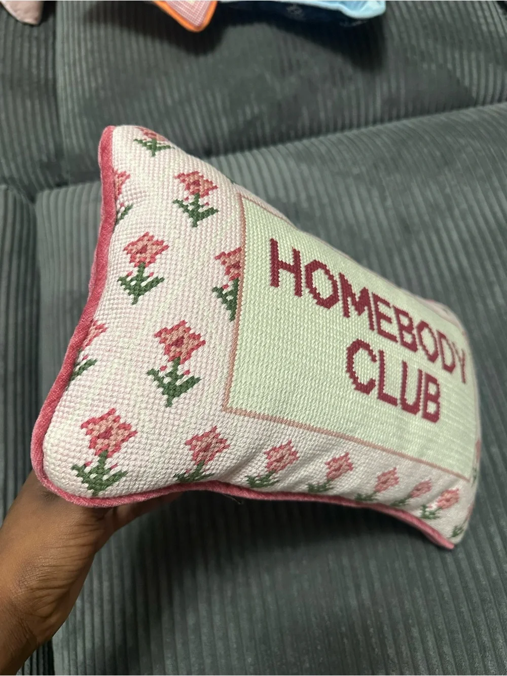 Homebody Club Pink Cross-Stitch Accent Pillow